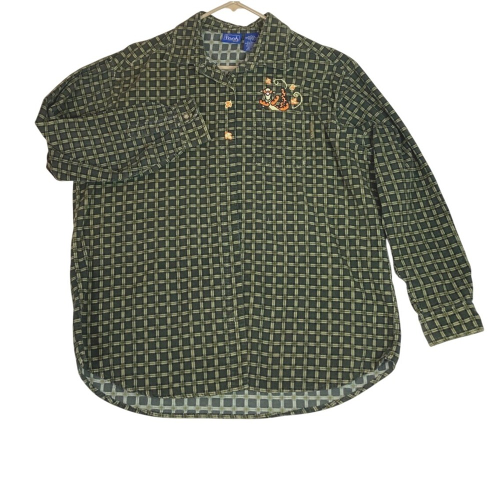 Vintage Tigger Winnie the Pooh Brown Corduroy Shirt‎ Green Plaid Disney Size L